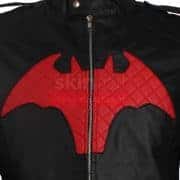 BATMAN BEYOND COMIC MOVIE RED AND BLACK LOGO MEN’S WINTER HALLOWEEN LEATHER JACKET CLOSE UP