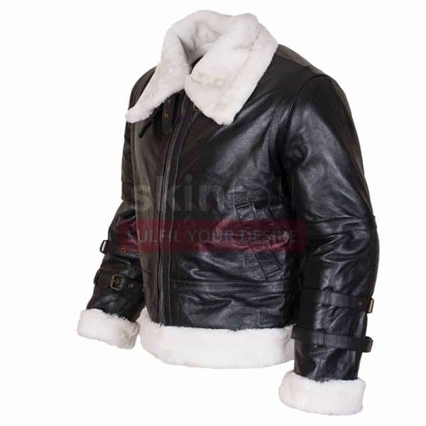 B3 Mens Aviator Ginger Fur Lined Hooded Winters Warm Bomber Black Leather Jacket