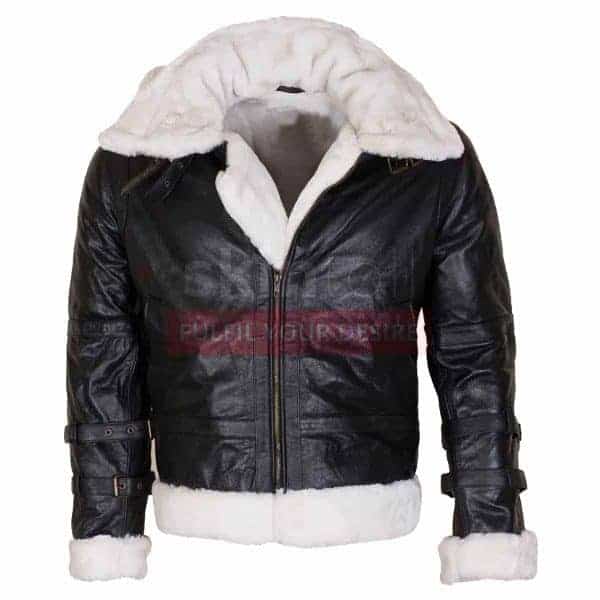 B3 Mens Aviator Ginger Fur Lined Hooded Winters Warm Bomber Black Leather Jacket
