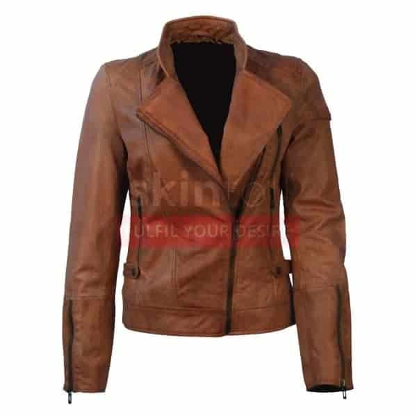 New Classic Brown Women Motorcycle Biker LambSkin Leather Jacket.jpg