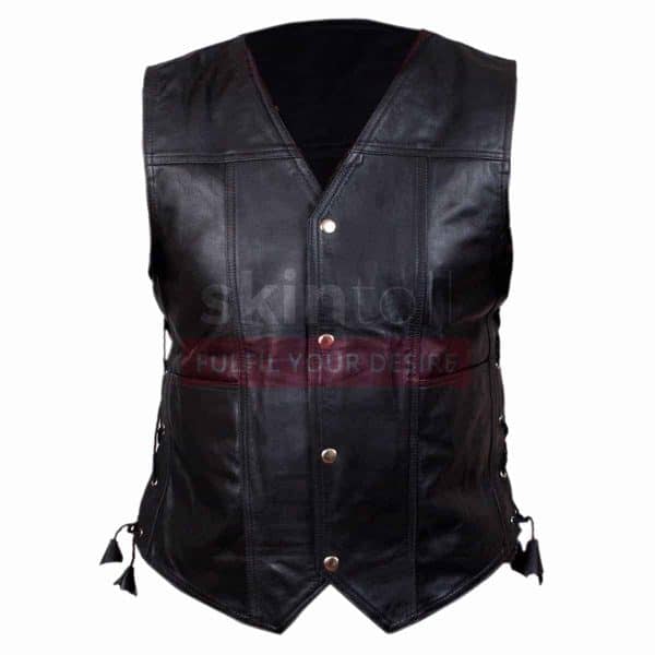 mens black leather biker vest