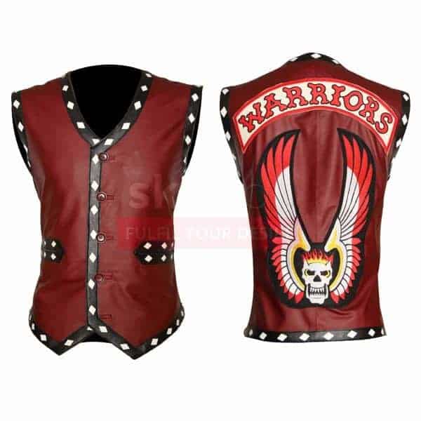 The Warriors Movie White Diamond Maroon Motorcycle Leather Vest Jacket