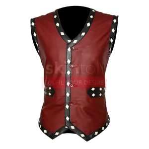 maroon leather vest white diamonds