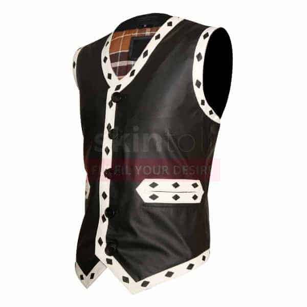 The Warriors Movie White Diamond Black Motorcycle Leather Vest Jacket