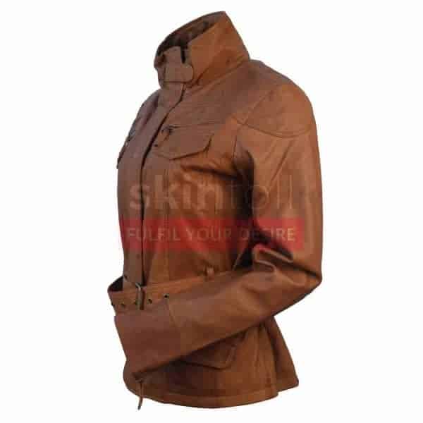 Women Classic Belted Brown Lambskin Leather jacket