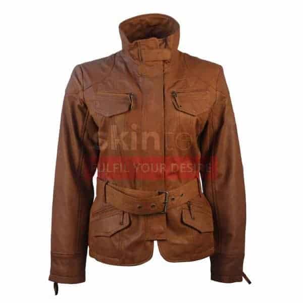 Classic Belted Womens Brown Lambskin Leather jacket