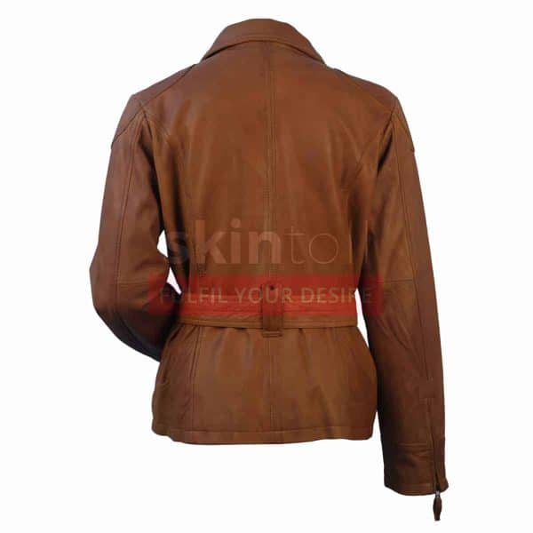 Women Classic Belted Brown Lambskin Leather jacket