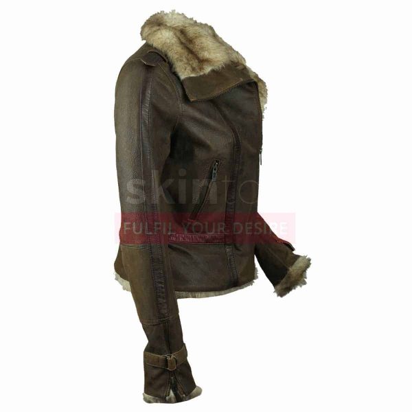 Hot Women Vintage Fur Collar Winter Warm Brown Leather Jacket