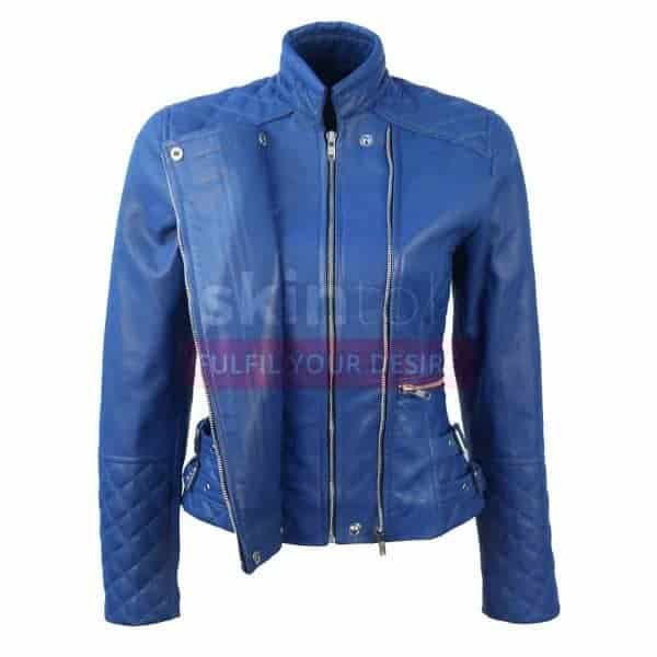 Women Motorcycle SlimFit blue soft leather jacket