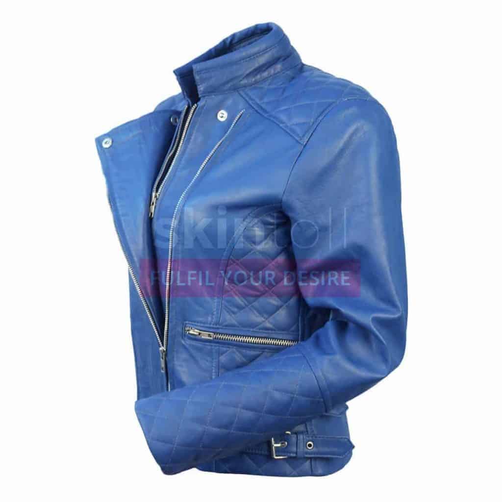 women blue slim fit leather jacket for sale Skintoll