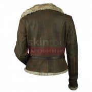 Women Vintage Fur Collar Warm Hot Brown Leather Jacket