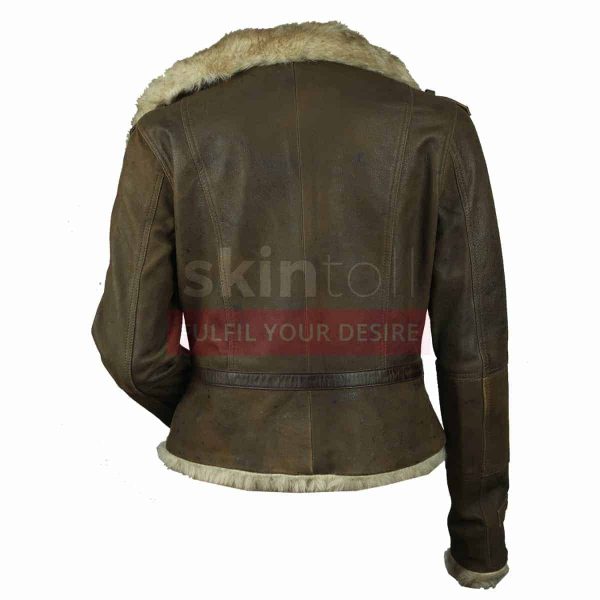 Hot Women Vintage Fur Collar Winter Warm Brown Leather Jacket