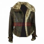Women Vintage Fur Collar Winter Brown Leather Jacket