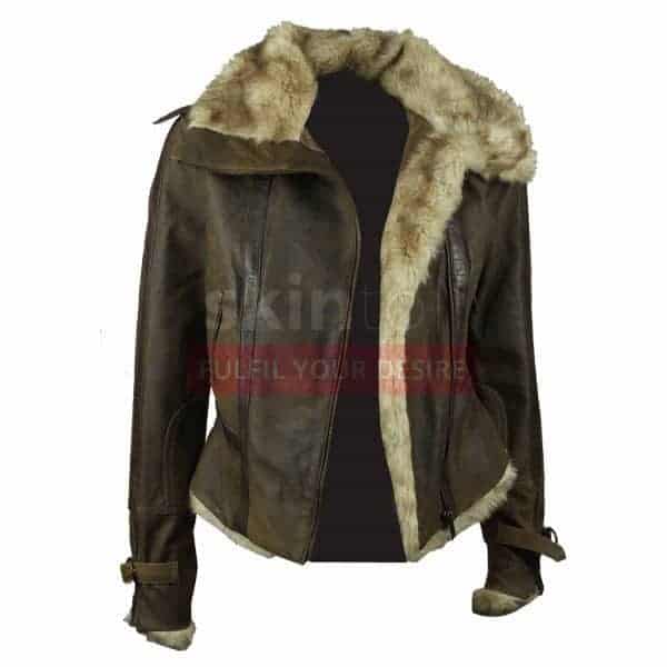 Hot Women Vintage Fur Collar Winter Warm Brown Leather Jacket