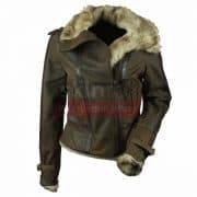 Women Vintage Fur Collar Winter Warm Brown Leather Jacket