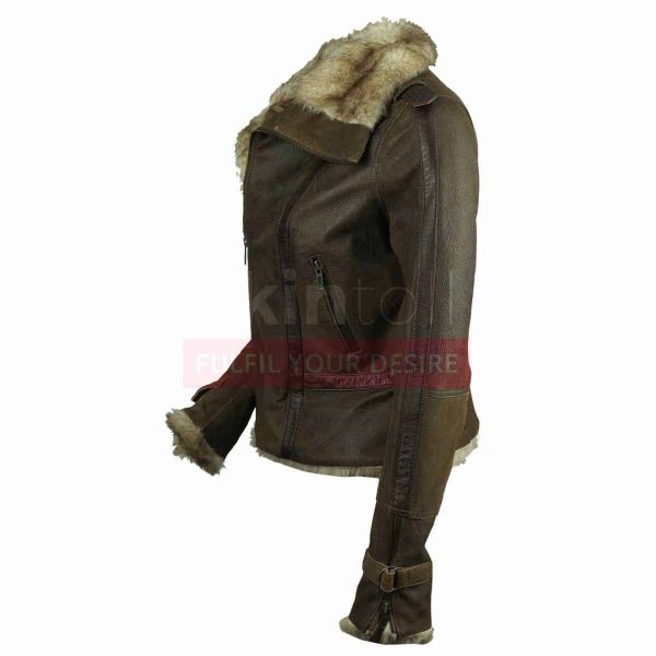 Hot Women Vintage Fur Collar Winter Warm Brown Leather Jacket