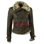Women Vintage Real Fur Collar Warm Brown Leather Jacket