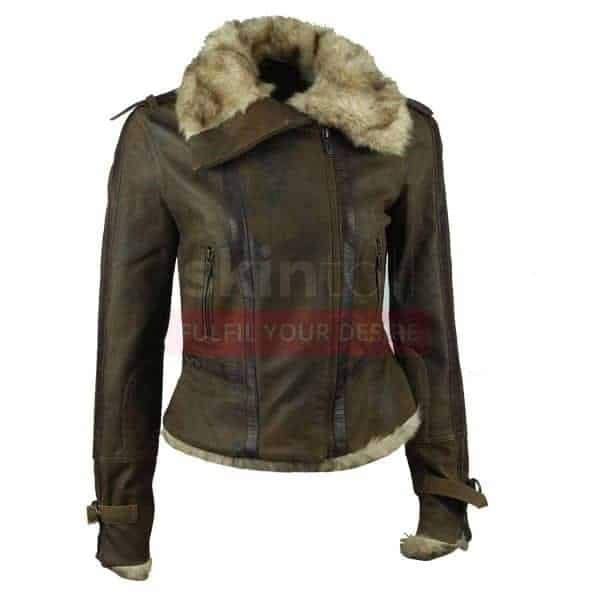 Hot Women Vintage Fur Collar Winter Warm Brown Leather Jacket