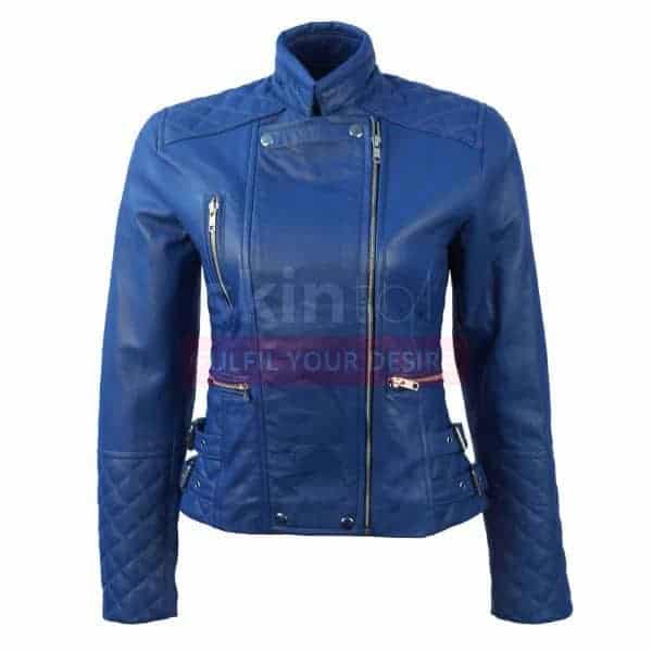 women blue slim fit leather jacket